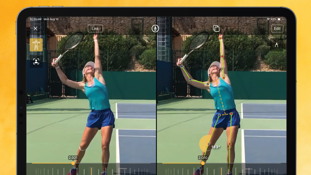 ipad screenshot with tennis player side-by-side in the onform app using skeleton tracking