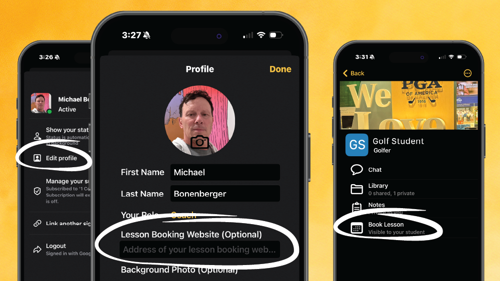 screenshots of onform app showing how to add lesson booking links to profiles