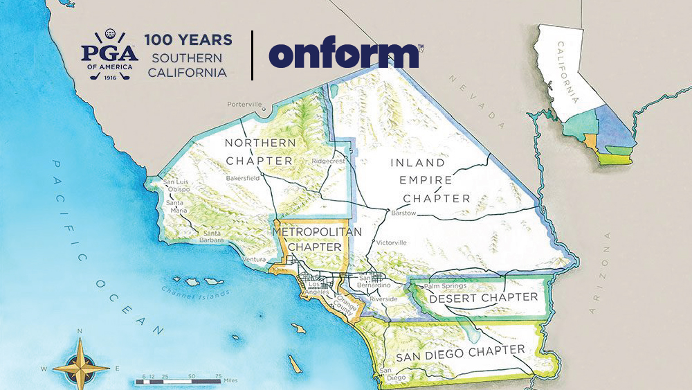 map of southern california and PGA and Onform logos