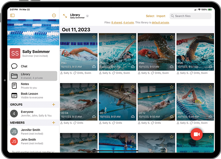 Screenshot of a swimmer's library in the Onform app 