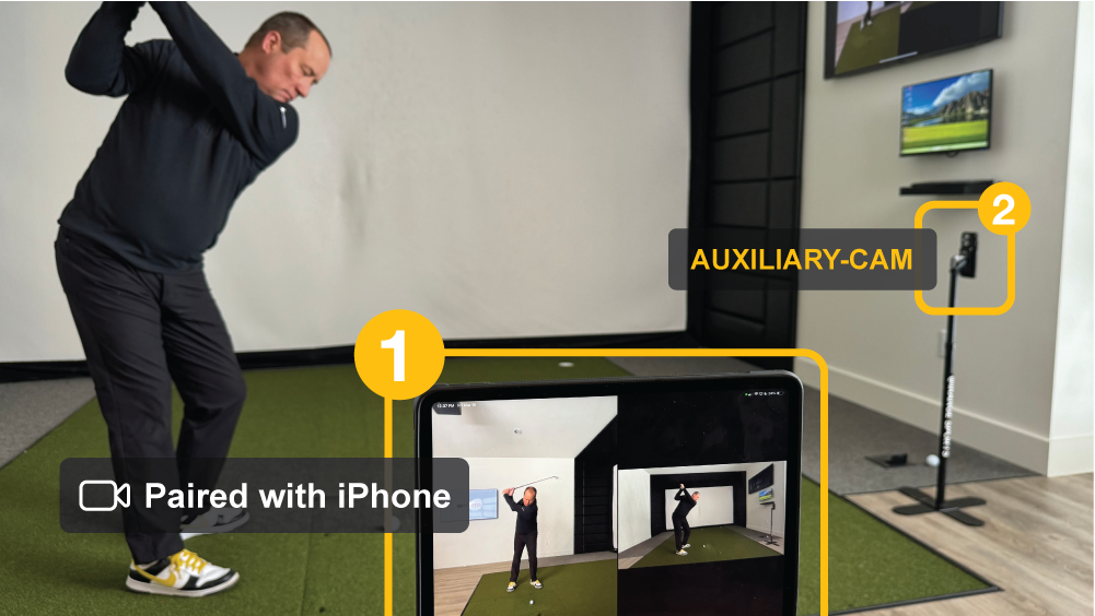 demonstrating multi-cam in an indoor golf studio environment
