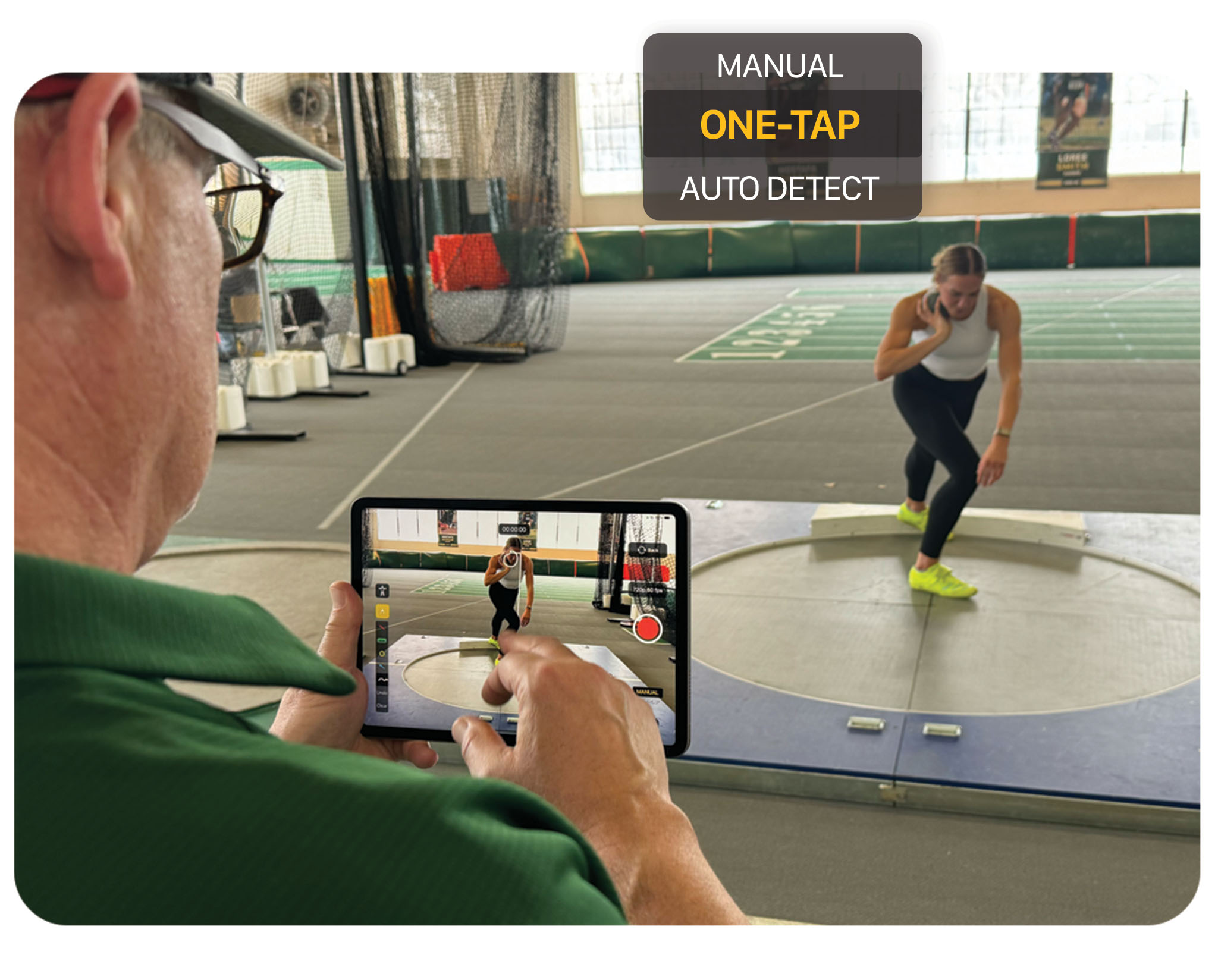 Track&Field-Video-Capture-1024x824@2x Indoor track & field athlete throwing a shotput while her coach records her on an ipad with the onform app