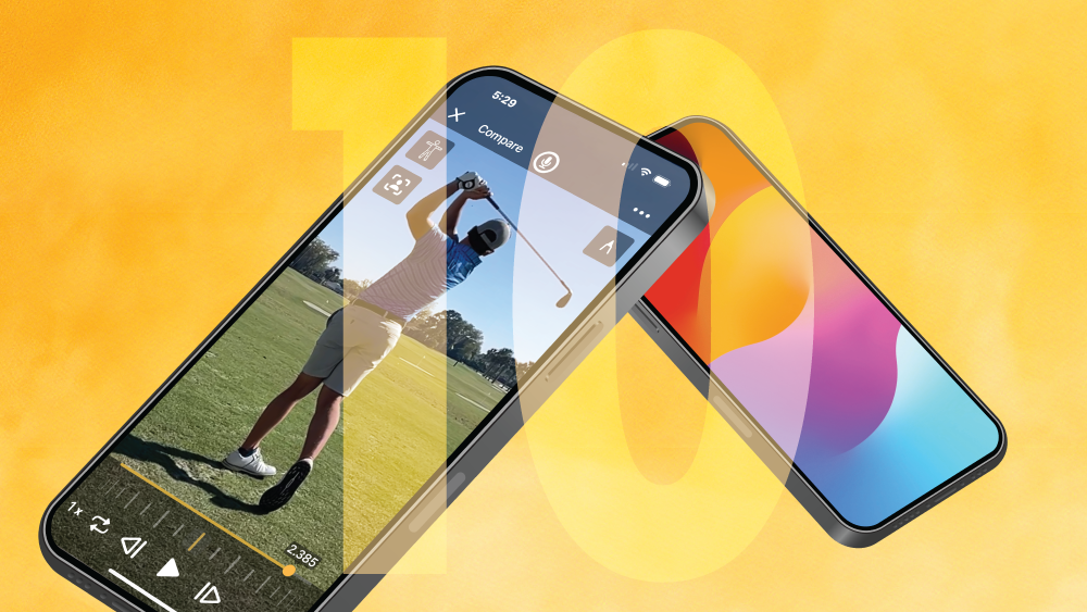 two iPhones, one with a generic apple background, and one with the onform app showing a golfer swinging a golf club