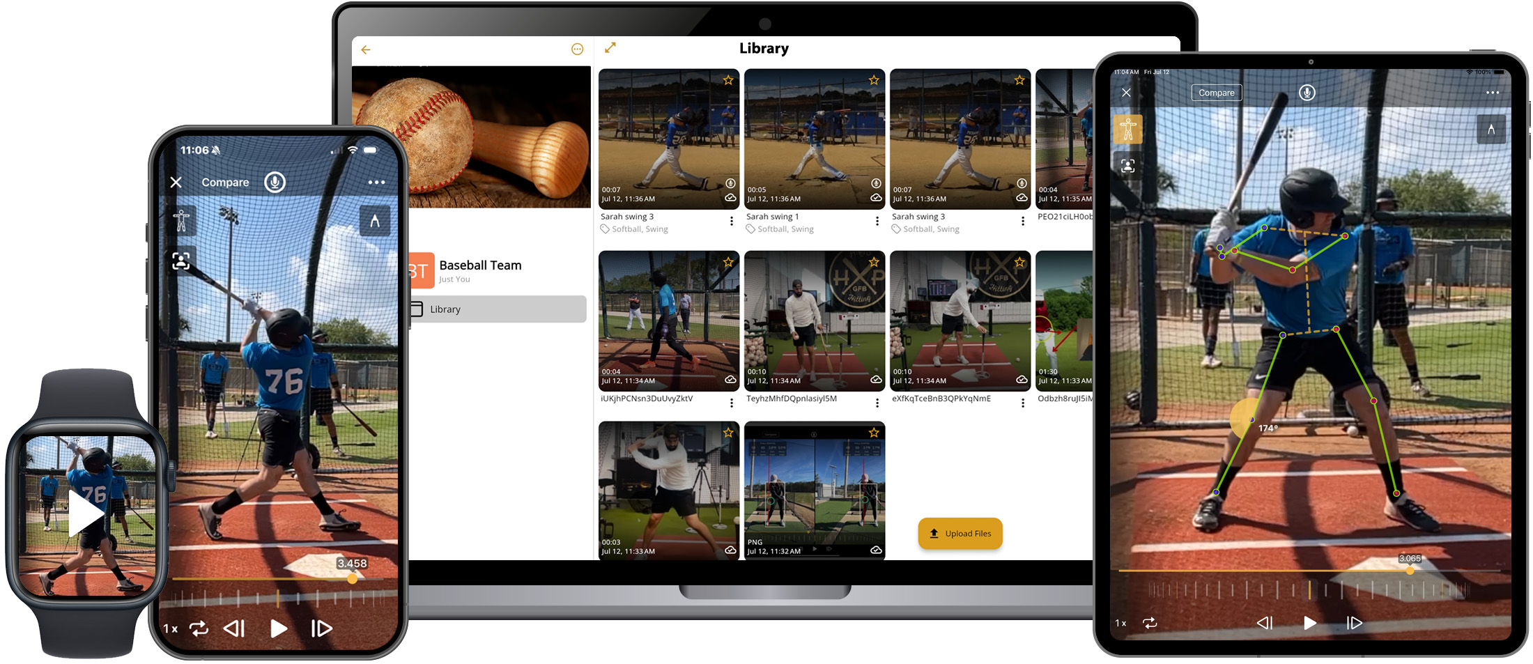Apple Watch, iPhone, iPad, and Macbook all showing baseball player in the onform app