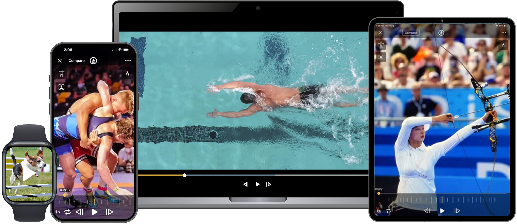 iPhone, apple watch, macbook, and iPad showing Onform app across various sports including swimming, wrestling, archery, and dog training.