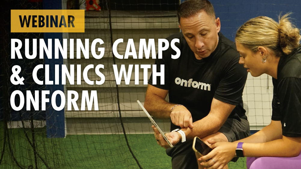 coach showing a female softball player her videos on an iPad at an indoor softball facility with Running Camps & Clinics with Onform overlaid as text