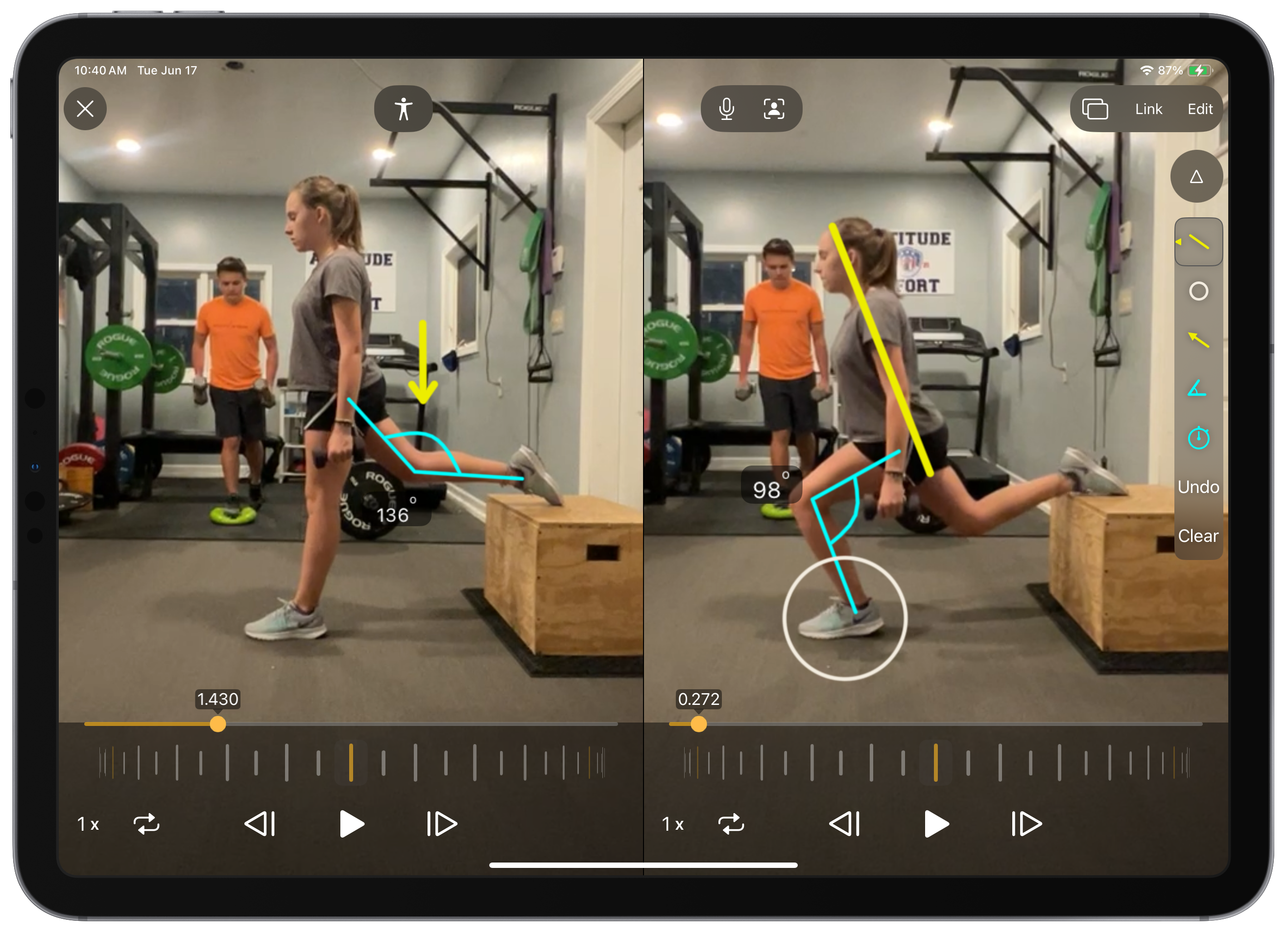 ipad showing an athlete doing a split squat with lines illustrating body position