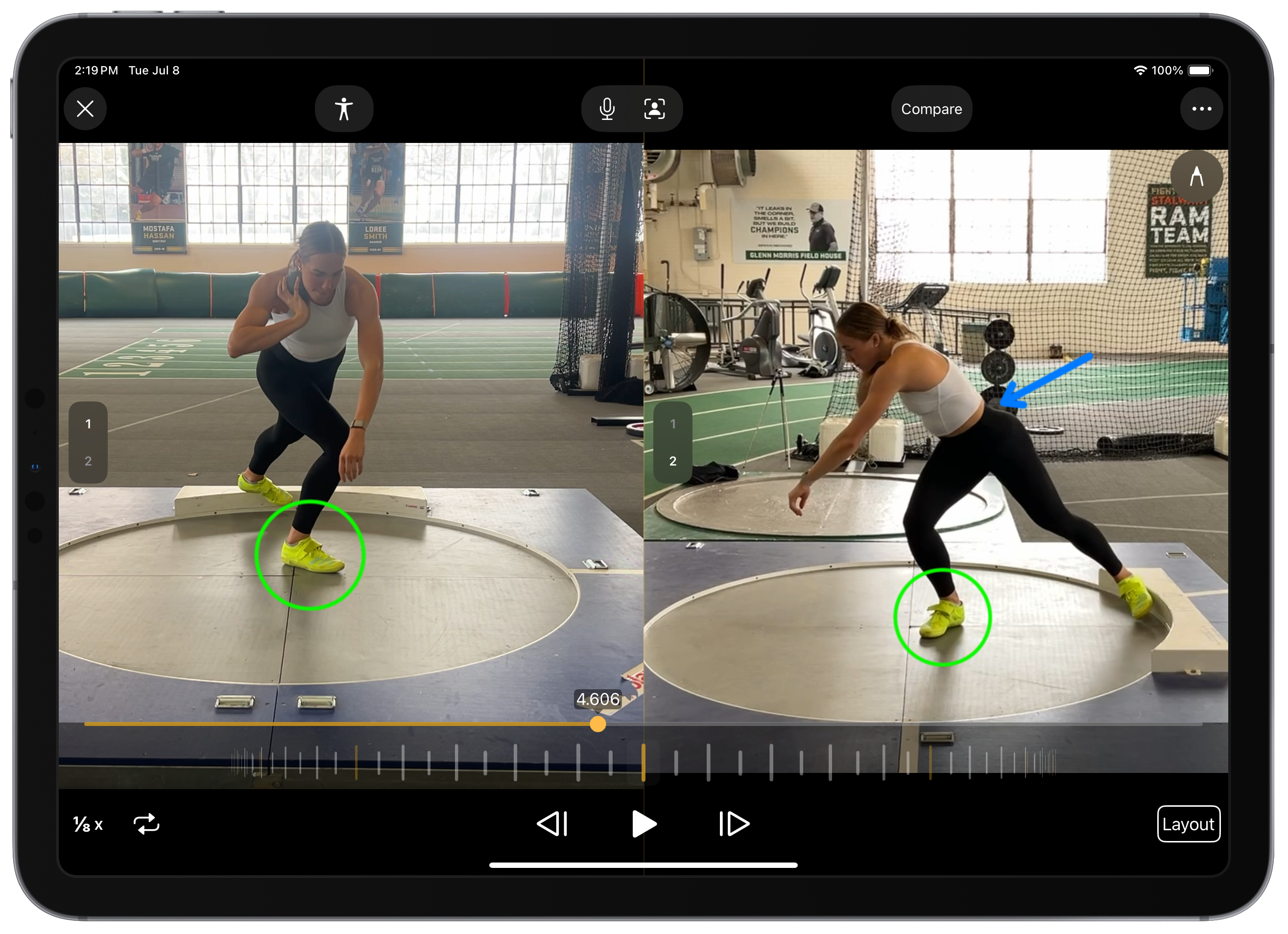 lexie keller, team usa heptathlete in her shotput stance on an iPad screen with onform app showing two angles side-by-side and highlighting her foot and hip positions with onform's drawing tools