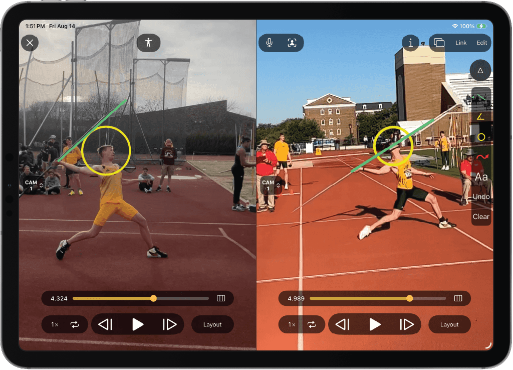 Coach Jackson Schepp-iPad Frame 1024x738_1 iPad showing side-by-side comparison of an athlete throwing the javelin in a decathlon with onform video analysis markups on the screen