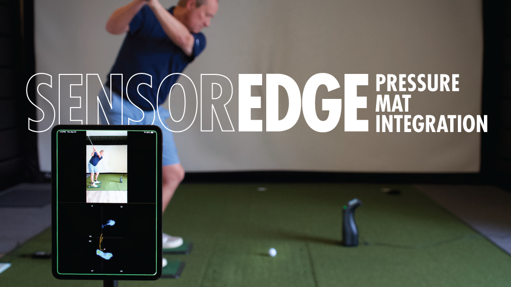 golfer swinging club indoors with iPad in foreground showing sensor edge integration with onform